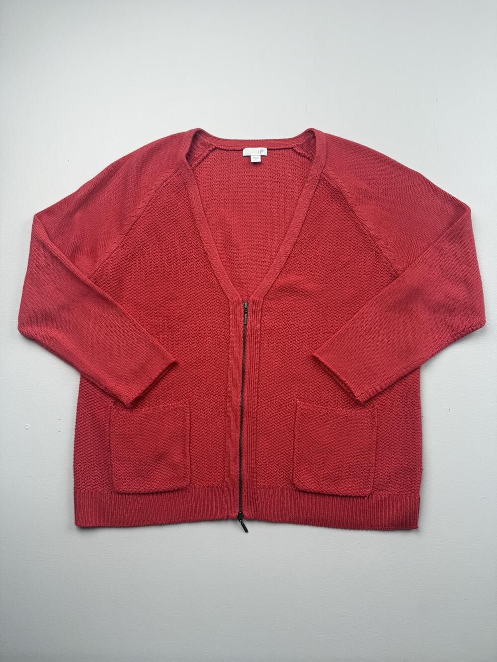 J. Jill Sweater Cardigan Womens Petite M Red V Neck Full Zip Pockets Waffle Knit